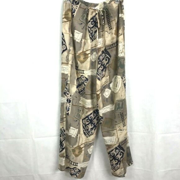 Acko International Pants Womens Sz M Tan‎ Gray Printed Flowy Drawstring Lounge - Picture 1 of 8